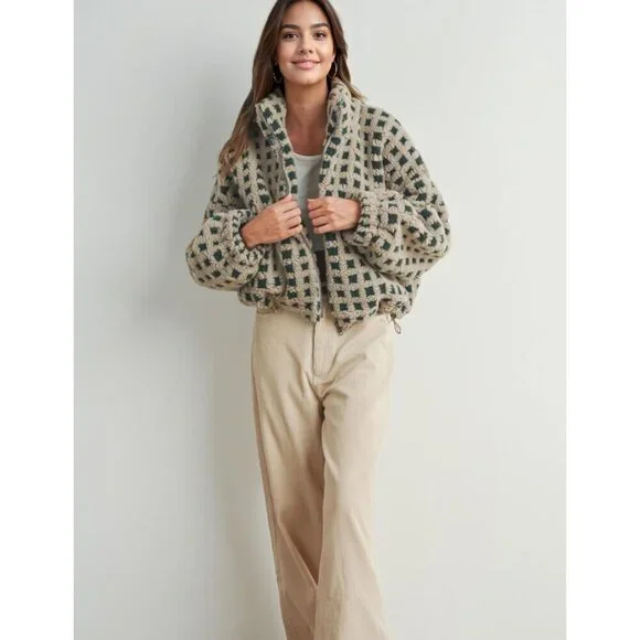 Women green Cropped Sherpa Fleece Plaid Jacket Chunky Outerwear - Picture 7 of 7